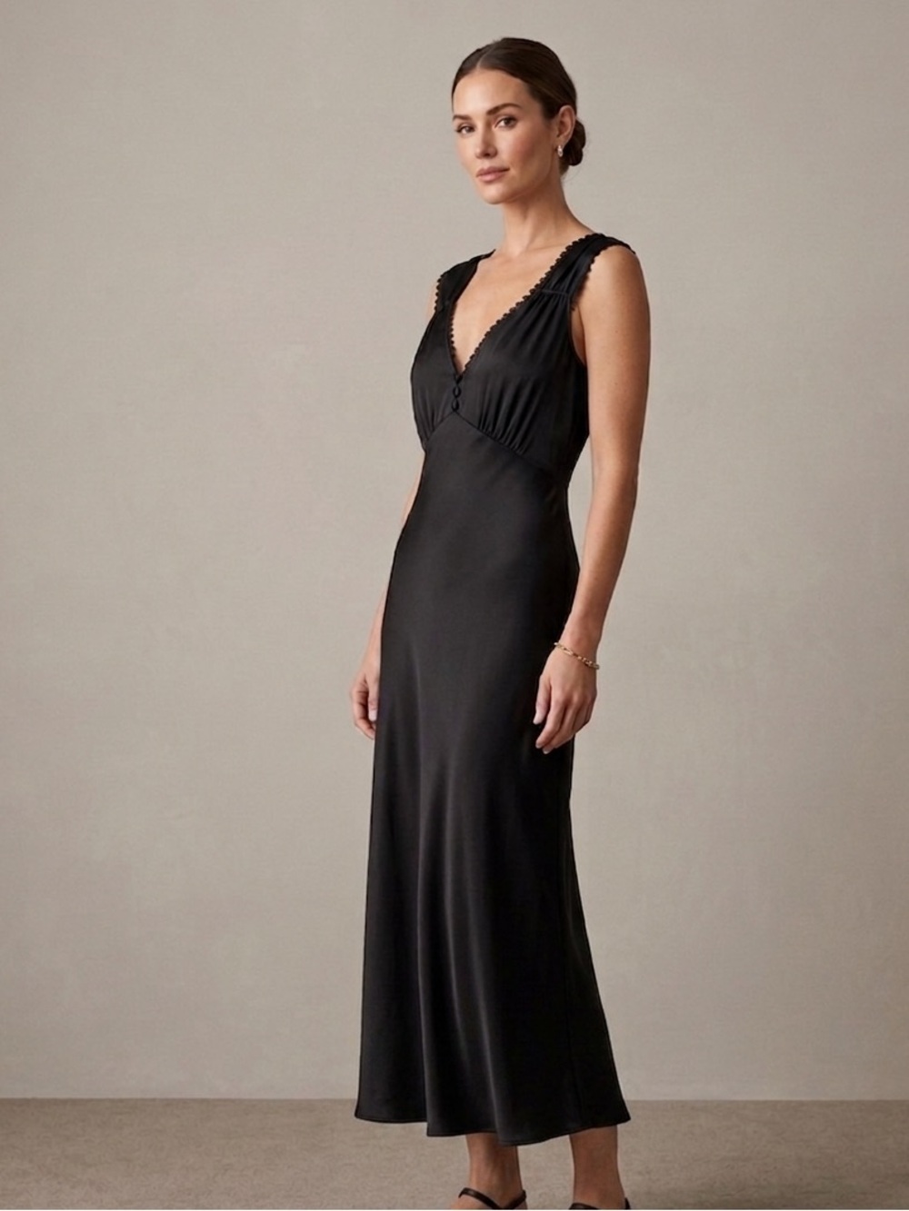NWT Zara Sz S Black Minimalist Lingerie Satin Maxi Dress